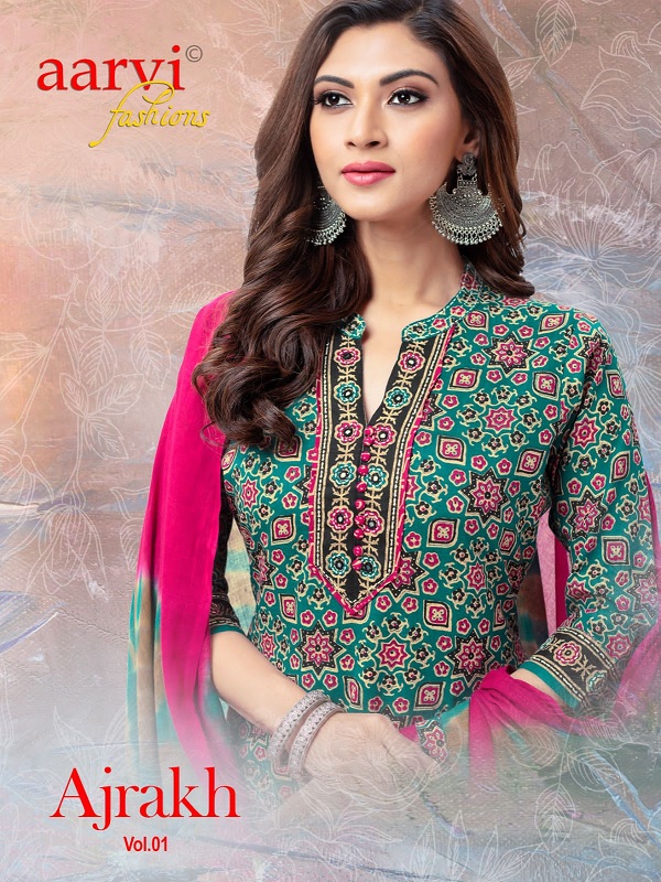 Aarvi Ajrakh Vol-1 Cototn Designer Kurti Pant With Dupatta Collection